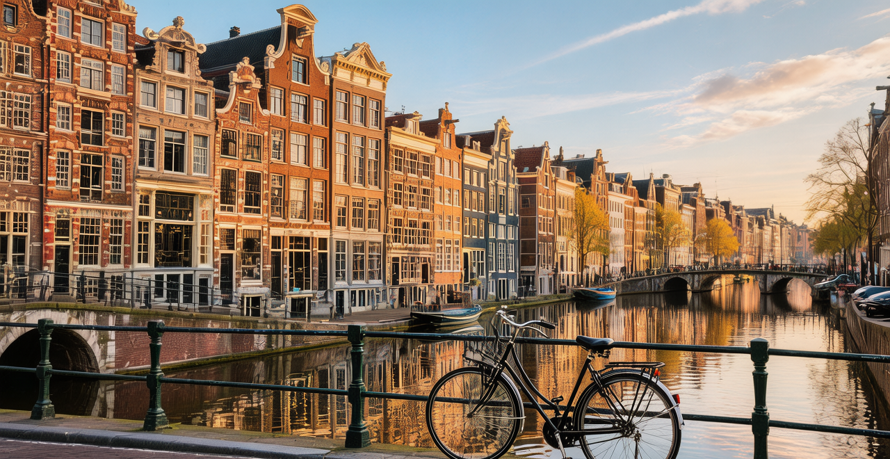 Amsterdam canal houses at golden hour